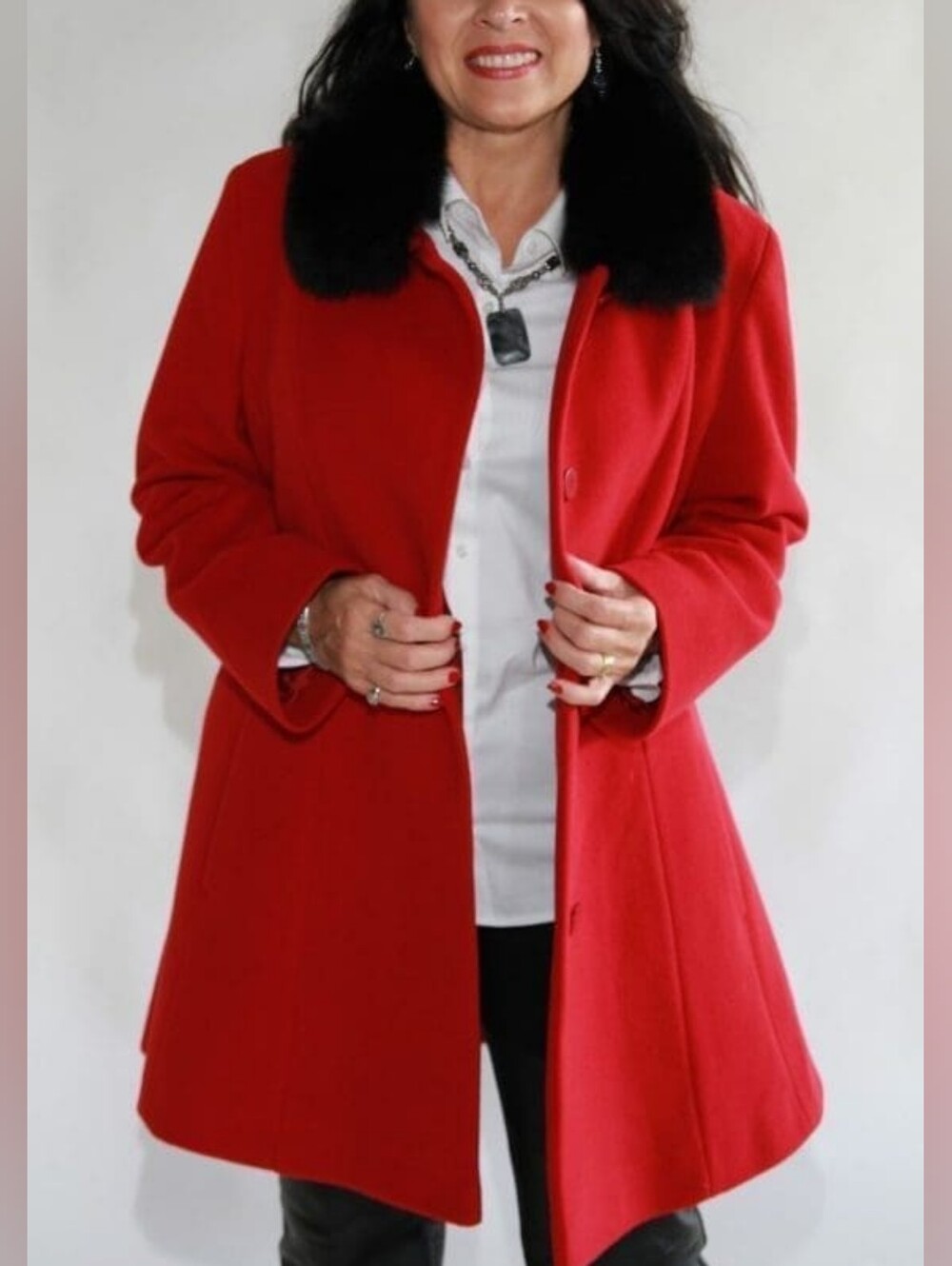 Red Cashmere Blend Jacket with Black Fox Fur Collar